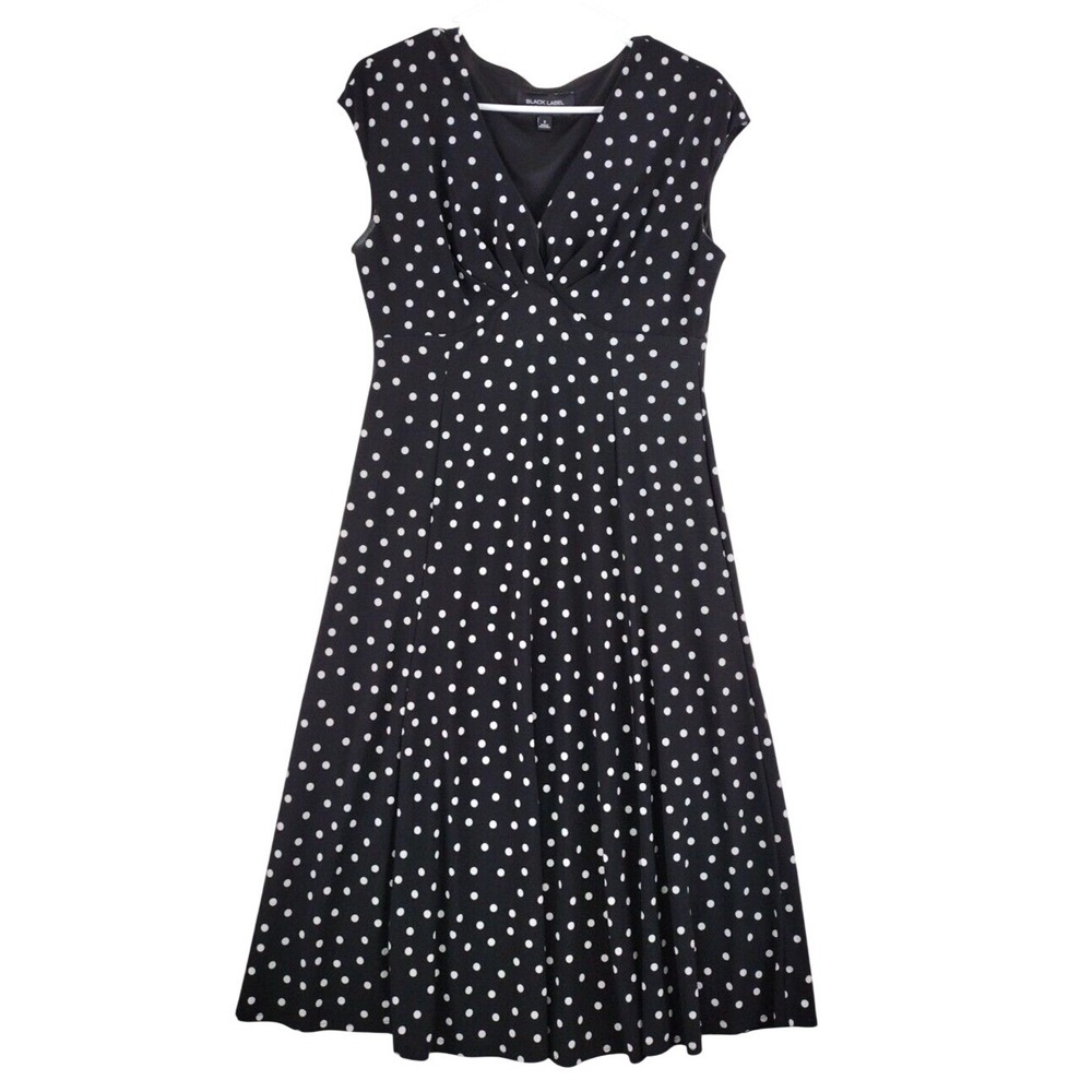 Black Label by Evan-Picone Black White Polka Dot V Neck Cap Sleeve Midi Dress  8